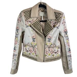 BCBGMAXAZRIA Runway Mannix Leather Floral Studded Jacket Gray Violet Combo Sz XS